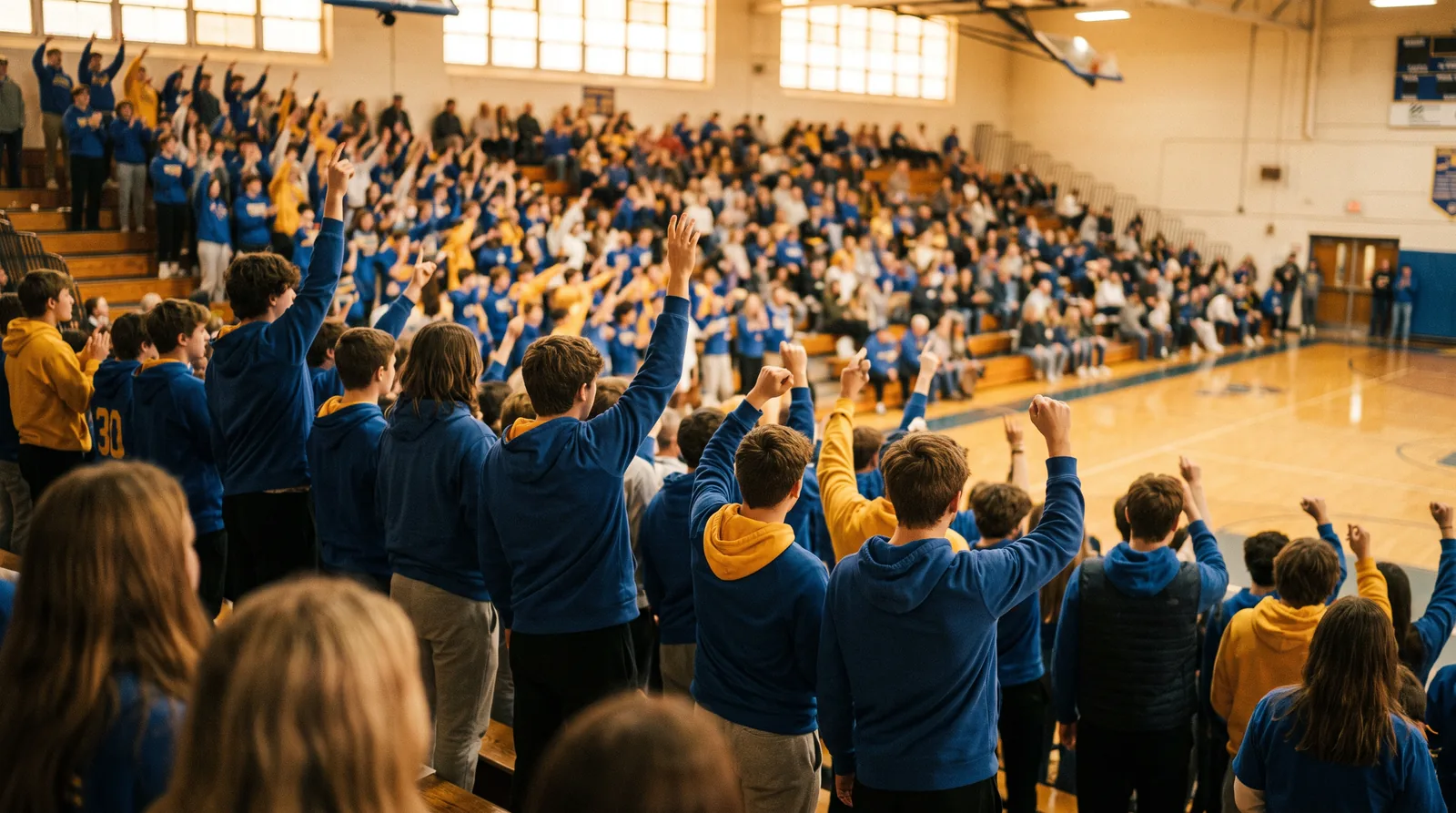 A packed high school gym, students in blue and gold cheering from the bleachers.
