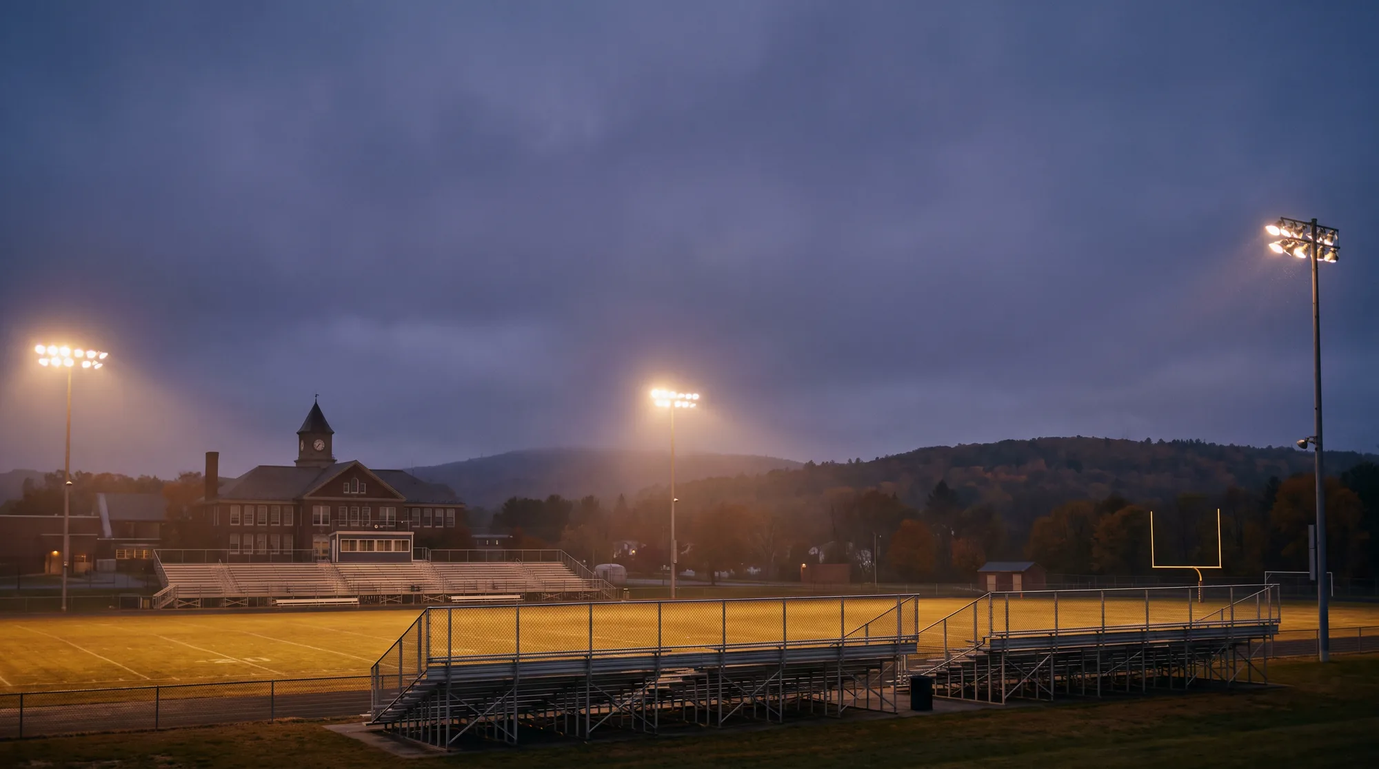 A small New England high school field at dusk, stadium lights on, brick school building and forested hills behind it.