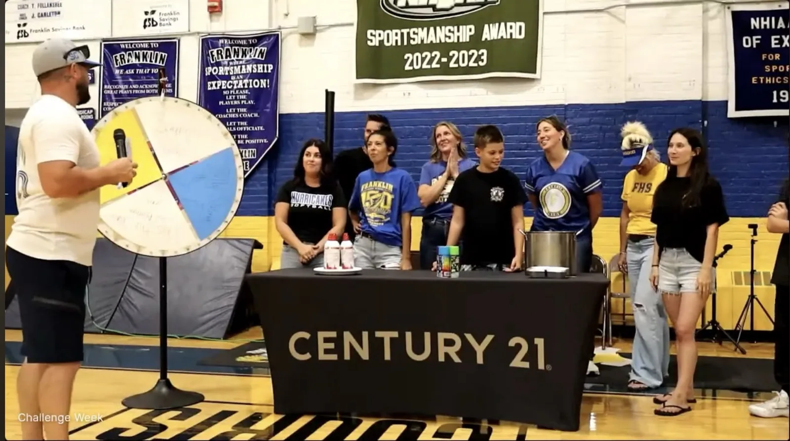 The Wheel of Chaos spinning live in the Franklin High School gym during Challenge Week's Saturday finale.